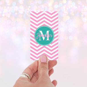 Carte De Visite Monogramme Turquoise rose et blanc Chevron