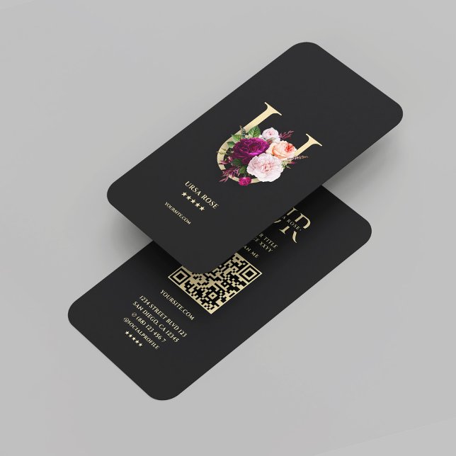 Carte De Visite Monogramme U Élégant Floral Black Gold (Modern Monogram U Elegant Floral Black Gold Business Card
)