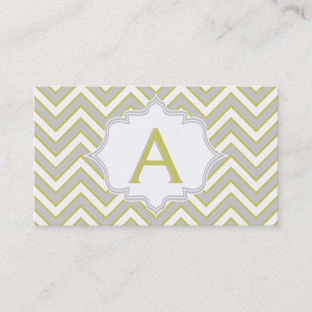 Carte De Visite monogramme vert olive moderne, chevron gris (Devant)
