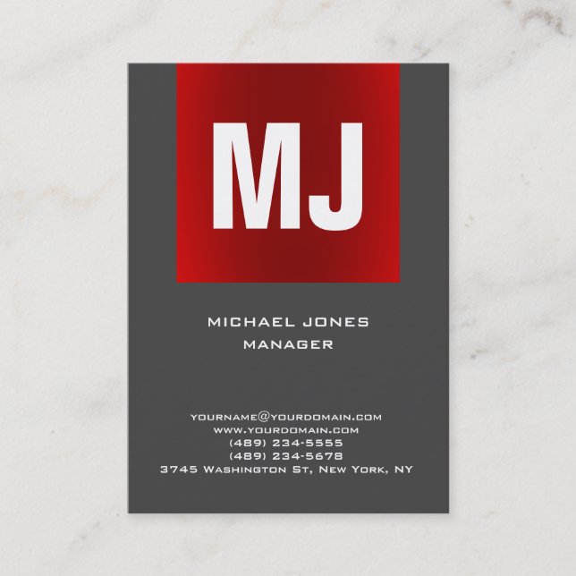Carte De Visite Monogramme vertical gris rouge unique tendance (Devant)