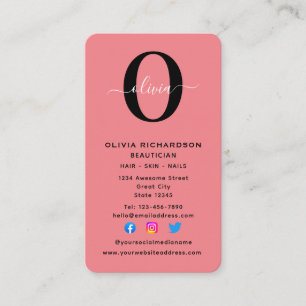 Carte De Visite Monogramme vertical Nom de script noir blanc rose