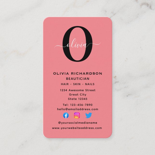 Carte De Visite Monogramme vertical Nom de script noir blanc rose (Devant)