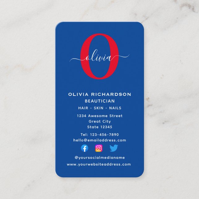 Carte De Visite Monogramme vertical Nom du script Bleu Blanc Rouge (Devant)