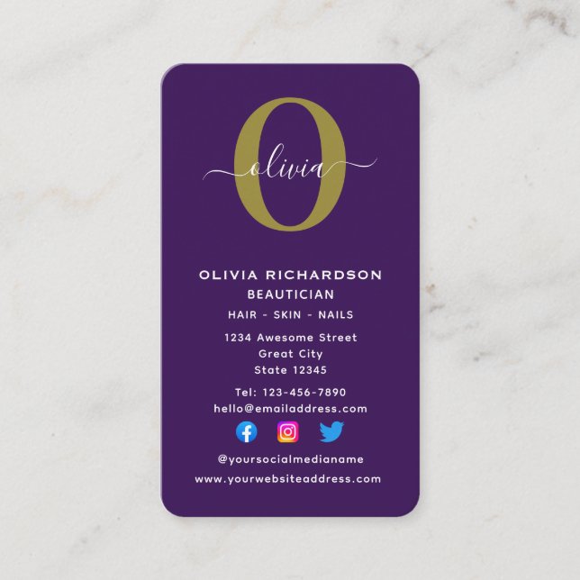 Carte De Visite Monogramme vertical Nom du script Purple White Gol (Devant)