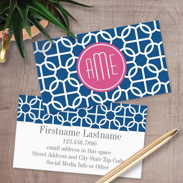Carte De Visite Monogrammes de Motif géométrique rose et bleu chau (Custom Printed Business Cards)