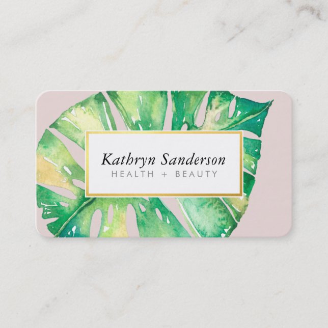 Carte De Visite MONSTERA LEAF éco peint moderne aquarelle rose (Devant)