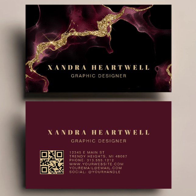Carte De Visite Moody Burgundy Gold Glitter Ink Abstract QR Code (Créateur téléchargé)