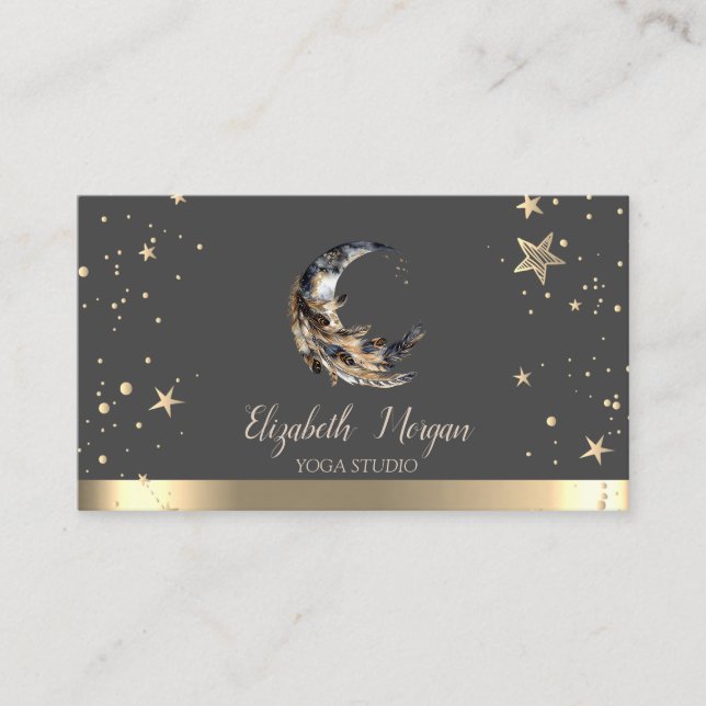 Carte De Visite Moon Feather Gold Stars Yoga Studio (Devant)