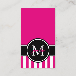 Carte De Visite Motif à rayures blanc rose chaud Monogramme noir