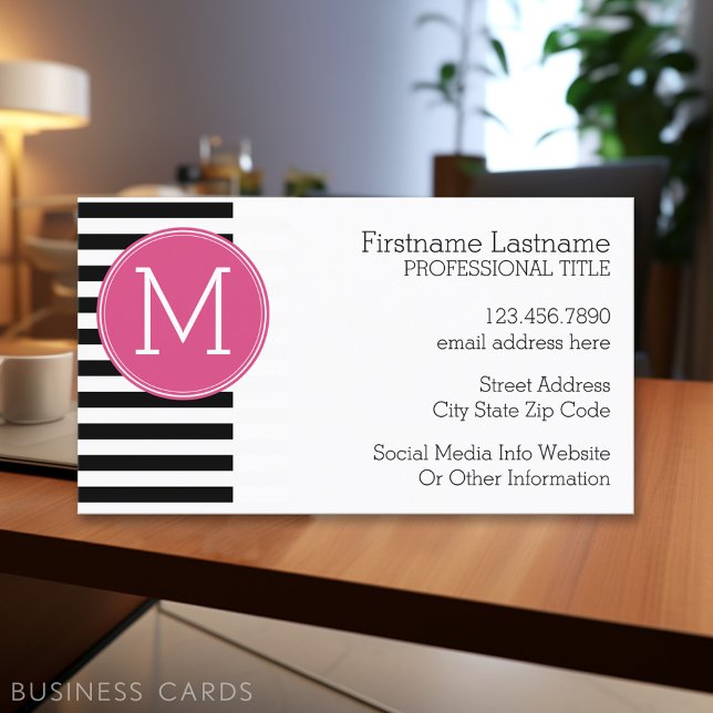Carte De Visite Motif à rayures noir et blanc Monogramme rose chau (Personalized Printed Business Cards)