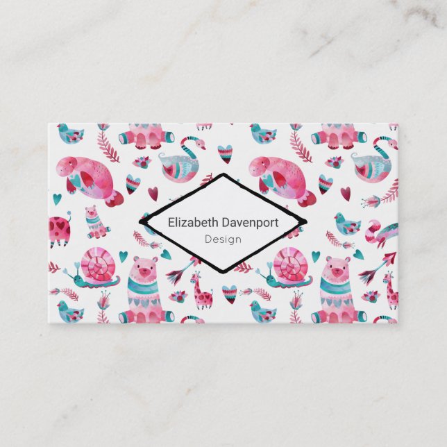 Carte De Visite Motif animal bleu et rose pâle (Devant)