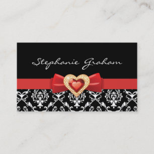 Carte De Visite Motif damassé noir blanc avec arc rouge et bijou
