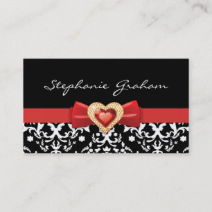 Carte De Visite Motif damassé noir blanc avec arc rouge et bijou