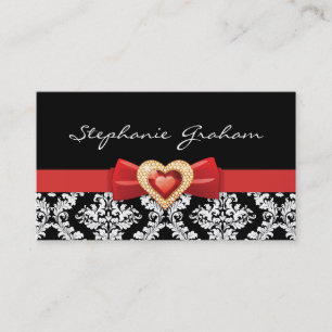 Carte De Visite Motif damassé noir blanc avec arc rouge et bijou