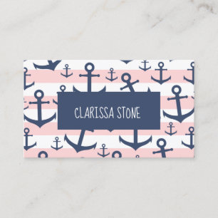 Carte De Visite motif d'ancrage bleu marine à rayure rose marine