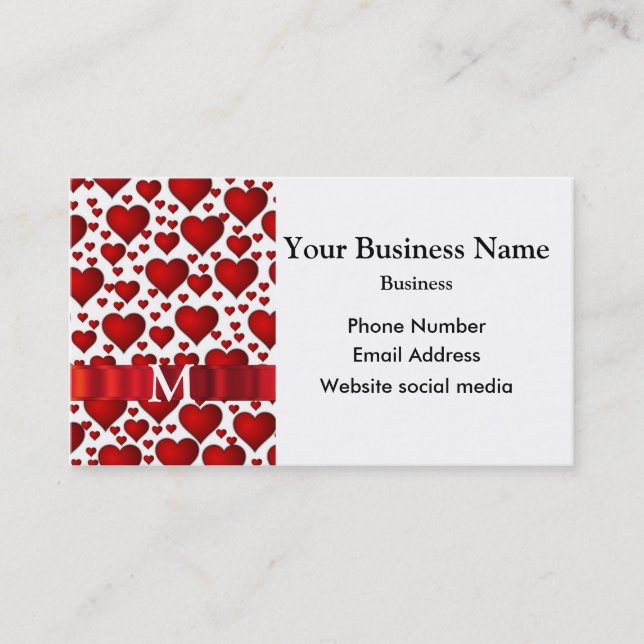 Carte De Visite Motif de coeur blanc et rouge monogramme (Devant)