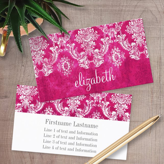 Carte De Visite Motif de Damas de Grunge rose chaud Texte personna (Custom Printed Business Cards)