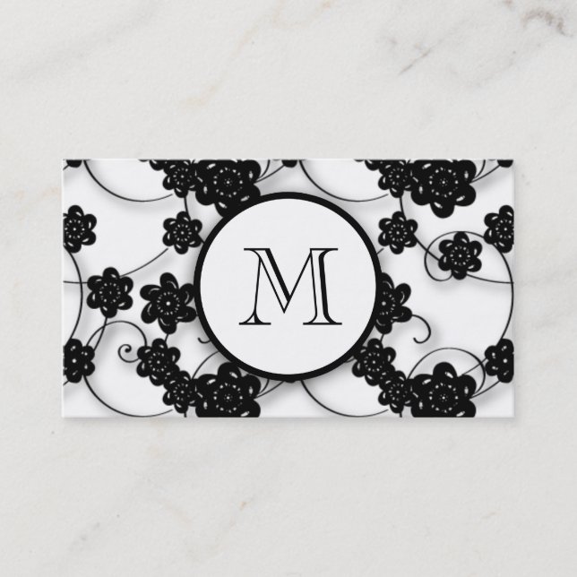 Carte De Visite Motif de fleurs noir mignon de mod, votre initiale (Devant)