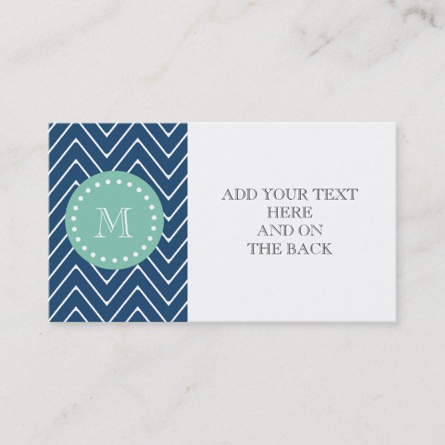 Carte De Visite Motif de Navy Blue Chevron | Monogramme vert à la  (Devant)