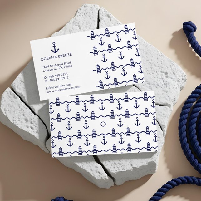 Carte De Visite Motif de phare d'Ancres nautiques White & Navy (White & Navy Nautical Anchor Lighthouse Pattern Business Card)