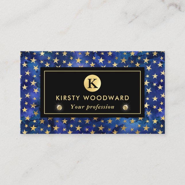Carte De Visite Motif d'encre bleu aquarelle avec étoiles d'or (Devant)