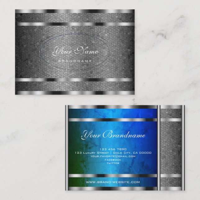 Carte De Visite Motif flashy Silver avec marbre bleu vert (Devant / Derrière)
