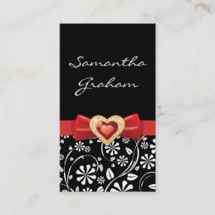 Carte De Visite Motif floral blanc noir avec arc rouge et bijou