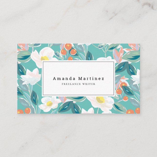 Carte De Visite Motif floral blanc Turquoise (Devant)