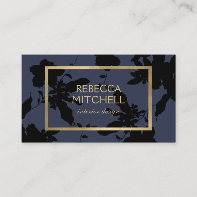 Carte De Visite Motif floral bleu minuit avec accents or (Devant)