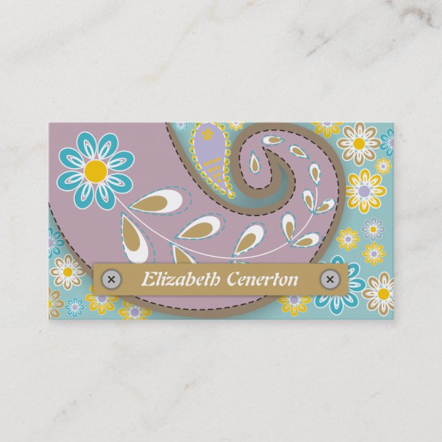 Carte De Visite Motif floral rétro violet bleu paisley (Devant)