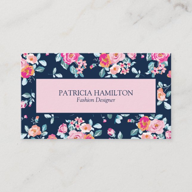 Carte De Visite Motif Floral Rose Cute Vibrant Sur Bleu Marine (Devant)