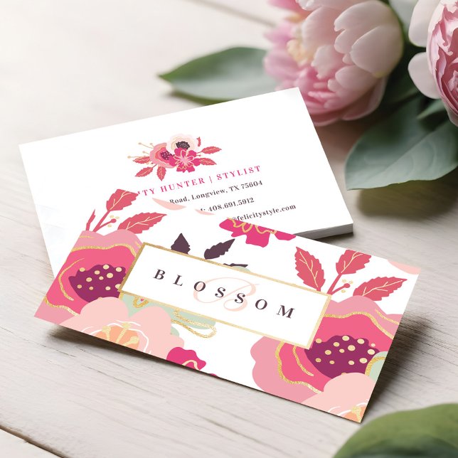 Carte De Visite Motif floral rose tendance Impression & Monogramme (Trendy Pink Floral Pattern Print & Gold Monogram Business Card)
