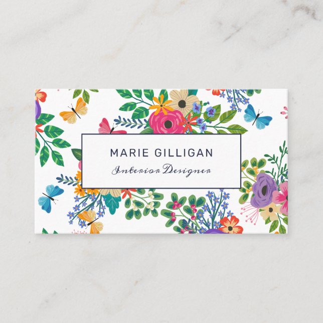 Carte De Visite Motif floral vibrant de papillons et de fleurs (Devant)