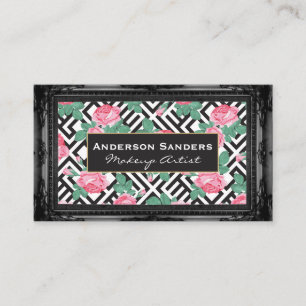 Carte De Visite Motif géométrique rose   Bordure noire antique