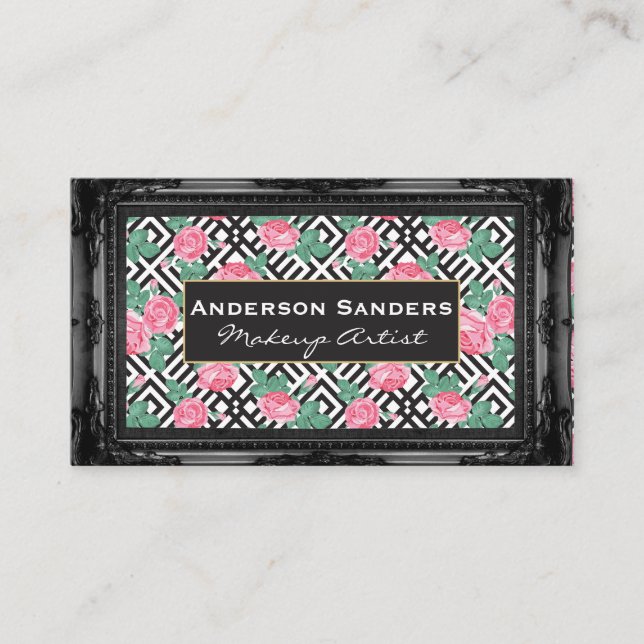 Carte De Visite Motif géométrique rose | Bordure noire antique (Devant)