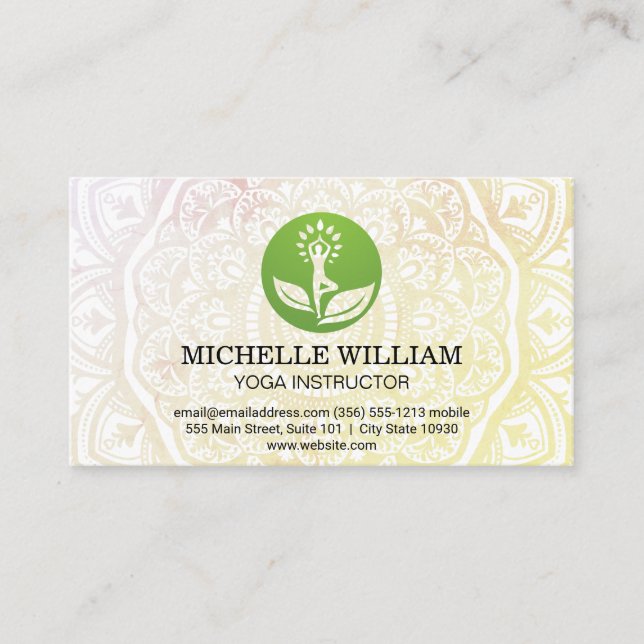 Carte De Visite Motif Mandala | Logo de la feuille de yoga (Devant)