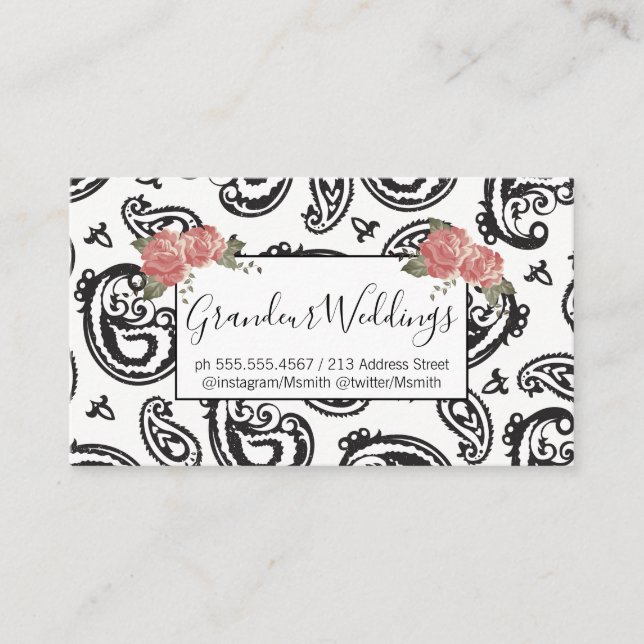 Carte De Visite Motif noir à fleurs Paisley | ROSE (Devant)