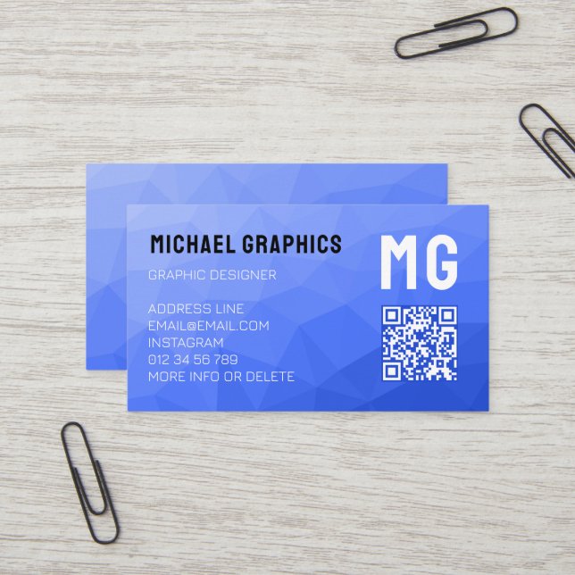 Carte De Visite Motif QR de maillage géométrique bleu foncé Monogr (Devant/Arrière en situation)