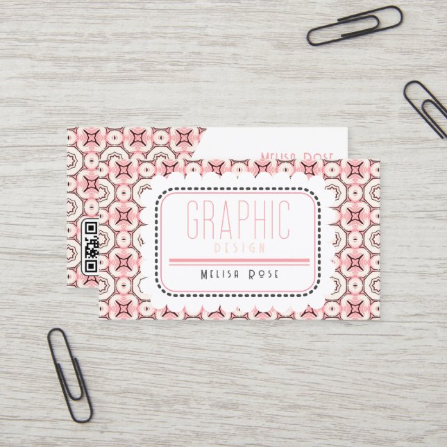 Carte De Visite Motif rose funky et code QR (Devant/Arrière en situation)