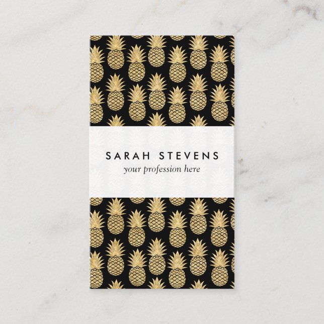 Carte De Visite Motif tropical élégant d'ananas de noir et d'or (Devant)