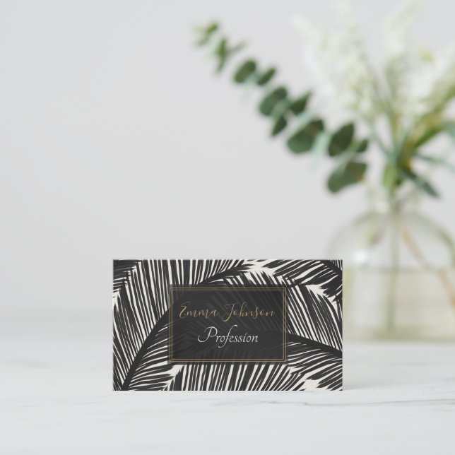 Carte De Visite Motif Tropical moderne en feuille de palme noire (Debout devant)