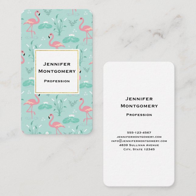 Carte De Visite Motif vert Flamants roses rose Pastel (Devant / Derrière)