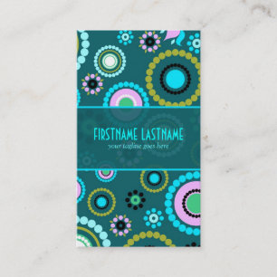 Carte De Visite Motif Vert & Rose Retro Cercle Et Fleurs