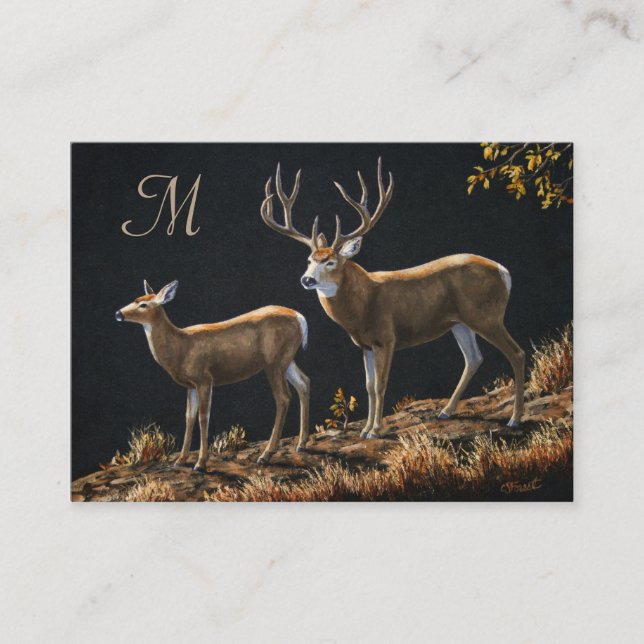 Carte De Visite Mule Deer Buck & Doe Monogramme (Devant)