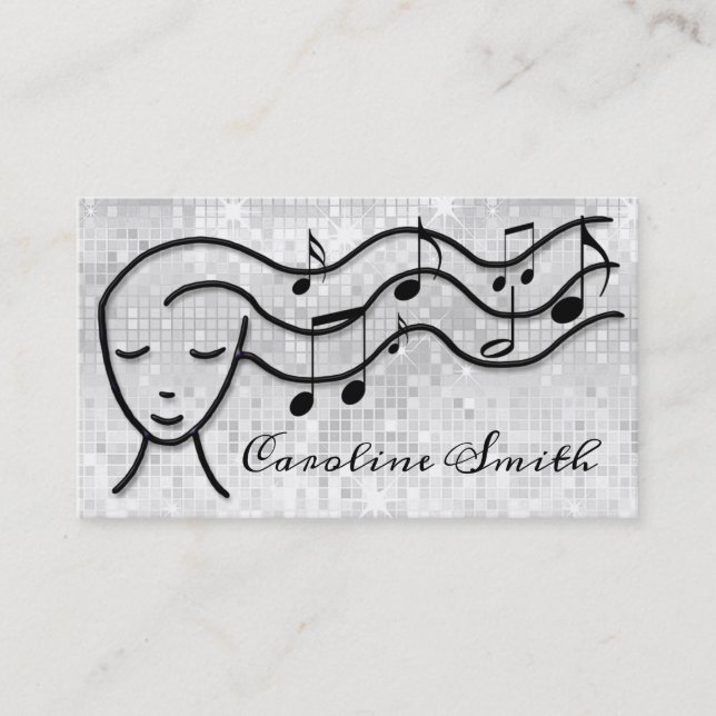 Carte De Visite music girl sur faux motif de paillettes argent (Devant)