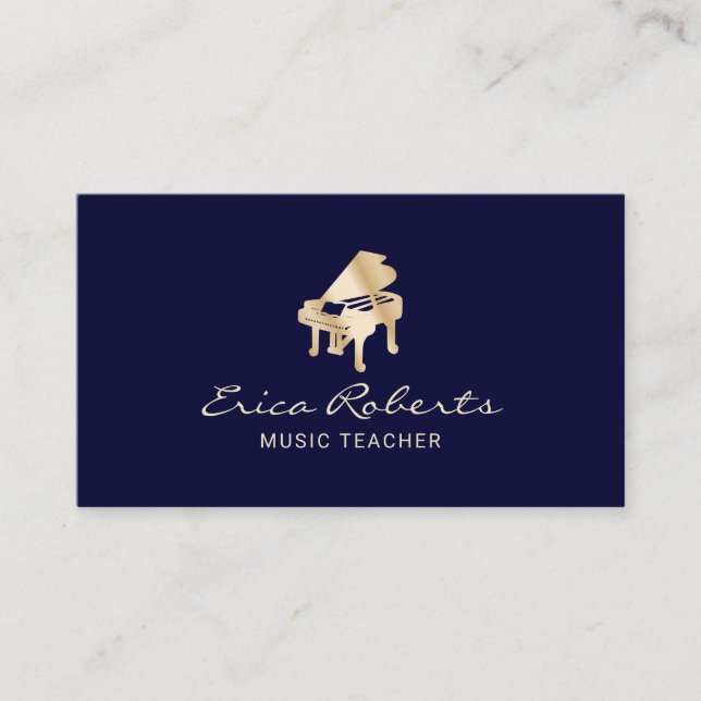 Carte De Visite Music Teacher Marine & Gold Piano Musical (Devant)