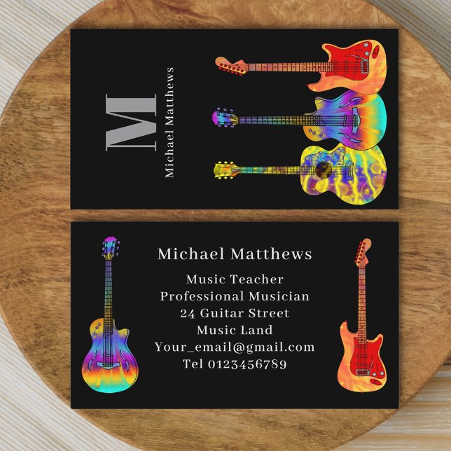 Carte De Visite Musicien enseignant de guitare (Colorful guitar pattern on black music guitar teacher performer musician professional business card )
