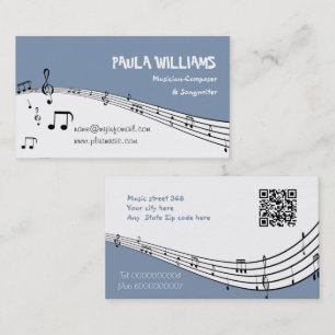 Carte De Visite Musicien musique pentagramme et code QR bleu pouss