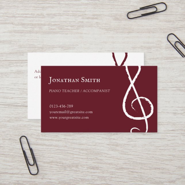 Carte De Visite Musicien professionnel Treble Clef Moderne Bourgog (Devant/Arrière en situation)
