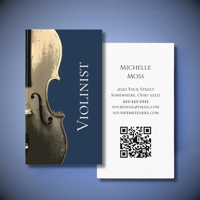 Carte De Visite Musicien Violon Interprète QR code Marine Bleu (Créateur téléchargé)